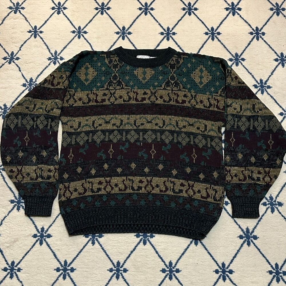 Sears Vintage 80s Fair Isle Abstract Geometric Knit Grandpa Crewneck Sweater